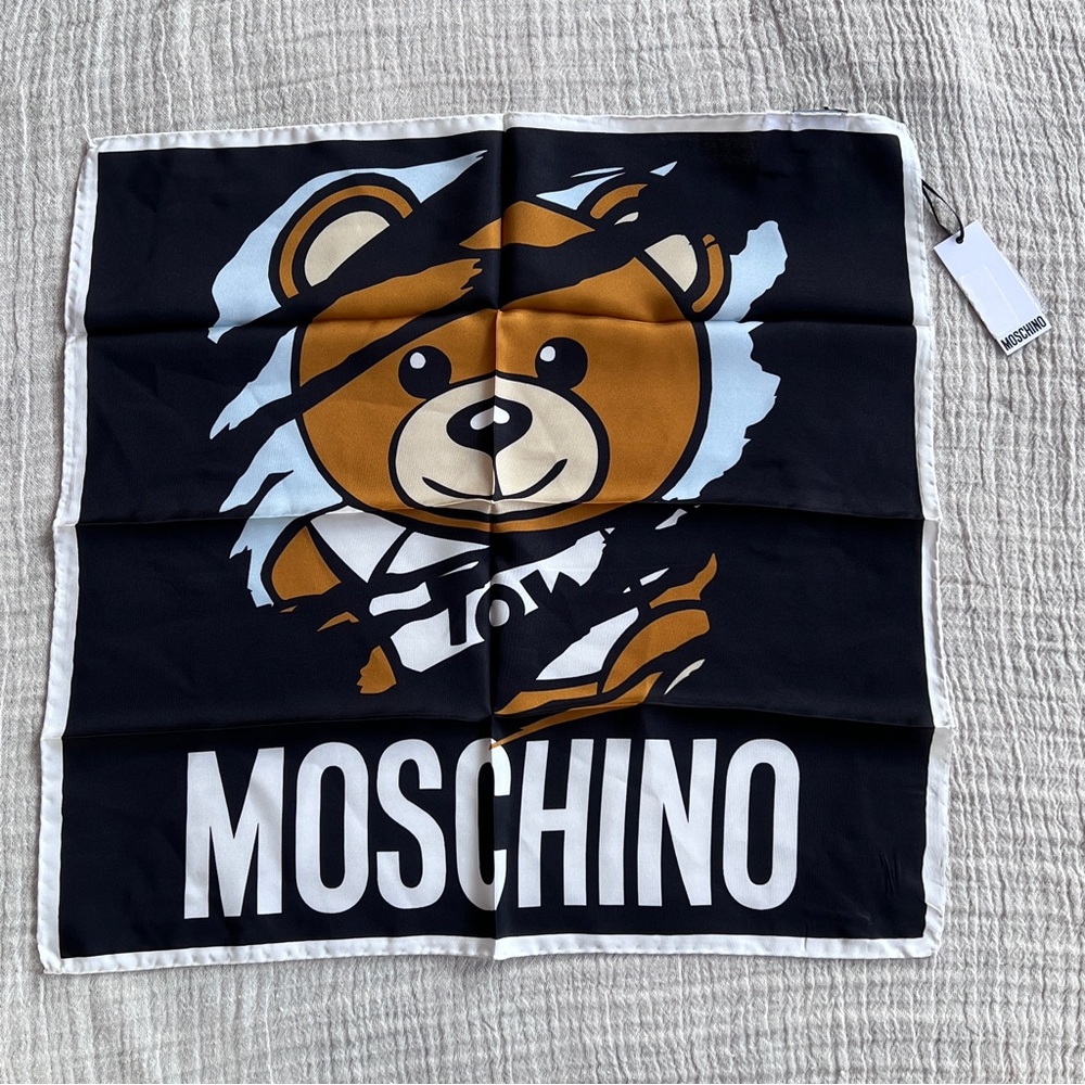 NEW Moschino 100% Silk Square Sartorial Teddy Bear Print Black Logo Motif Scarf